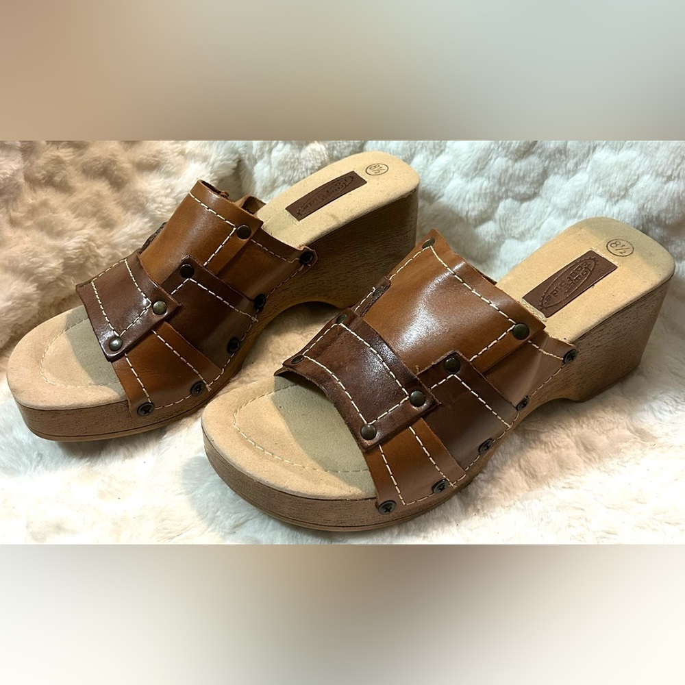 LOWER EAST SIDE Brown Leather chunky block Mule Clog women’s size 8.5 - Picture 2 of 10